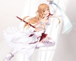 1girl asuna_(sao) back bangs bare_shoulders braid breastplate breasts brown_eyes brown_hair cait commentary dress eyebrows_visible_through_hair hair_between_eyes highres holding holding_sword holding_weapon long_hair long_sleeves looking_at_viewer looking_back medium_breasts motion_blur open_mouth pleated_skirt red_skirt sheath shoe_soles shoes skirt solo sword sword_art_online thigh-highs torn_clothes torn_dress unsheathed v-shaped_eyebrows very_long_hair weapon white_dress white_footwear white_legwear 