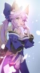  1girl animal_ear_fluff animal_ears bare_shoulders blue_kimono blue_legwear blue_ribbon breasts commentary_request cowboy_shot detached_sleeves eyebrows_visible_through_hair fate/extella fate/extra fate/grand_order fate_(series) fox_ears fox_girl fox_tail hair_ribbon hand_up ichi_(pinkshoes) japanese_clothes kimono large_breasts long_hair looking_at_viewer looking_back paw_pose pink_hair ribbon solo tail tamamo_(fate)_(all) tamamo_no_mae_(fate) tongue tongue_out yellow_eyes 