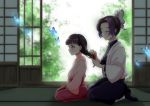  1boy 1girl backlighting bangs black_hair black_jacket black_pants blunt_bangs blurry blurry_background brown_hair bug butterfly butterfly_hair_ornament from_side gradient_hair hair_brushing hair_intakes hair_ornament hakama highres holding indoors insect jacket japanese_clothes kimetsu_no_yaiba kimono kneeling kochou_shinobu kwrrrrrr long_hair long_sleeves multicolored_hair pants pink_kimono purple_hair red_hakama shiny shiny_hair short_hair tsuyuri_kanao violet_eyes younger 