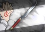  1boy 1girl aruhularudo bed_sheet charlotte_corday_(fate/grand_order) command_spell fate/grand_order fate_(series) fingernails fujimaru_ritsuka_(male) highres holding_hands knife light light_particles on_bed out_of_frame weapon 
