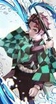  1boy absurdres belt black_pants black_shirt checkered checkered_haori checkered_jacket chromatic_aberration commentary earrings forehead_scar hanafuda haori highres holding holding_sword holding_weapon japanese_clothes jewelry kamado_tanjirou kimetsu_no_yaiba kyuuba_melo looking_at_viewer male_focus pants red_eyes redhead sheath shirt solo sword unsheathed water weapon 