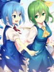  2girls ascot asutora basket blue_bow blue_dress blue_eyes blue_hair blue_wings bow breasts cherry_blossoms cirno closed_mouth commentary_request daiyousei dress fairy_wings green_eyes green_hair hair_between_eyes hair_bow highres holding ice ice_wings medium_breasts multiple_girls one_side_up open_mouth pointing puffy_short_sleeves puffy_sleeves red_ribbon ribbon short_sleeves smile touhou wings yellow_bow yellow_neckwear 