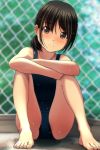  1girl absurdres bangs bare_arms bare_legs bare_shoulders barefoot black_hair blue_swimsuit blurry blurry_background blush brown_eyes closed_mouth day depth_of_field eyebrows_visible_through_hair feet hair_between_eyes highres knees_up legs looking_at_viewer matsunaga_kouyou nose_blush one-piece_swimsuit original outdoors school_swimsuit sitting smile solo swimsuit thighs toenails toes wet 