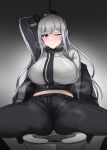  1girl ak-12_(girls_frontline) arm_behind_head bangs blush braid breasts commentary_request eyebrows_visible_through_hair french_braid girls_frontline gradient gradient_background grey_background highres korean_commentary large_breasts long_hair looking_at_viewer midriff one_eye_closed pants sidelocks silver_hair sitting spread_legs sweat tactical_clothes toilet violet_eyes yellowseeds 