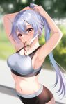  1girl armpits arms_behind_head arms_up bangs bare_shoulders black_shorts blush bra breasts collarbone fate/grand_order fate_(series) grey_bra hair_between_eyes harimoji large_breasts long_hair looking_at_viewer mouth_hold navel ponytail red_eyes red_ribbon ribbon short_shorts shorts silver_hair solo sports_bra tomoe_gozen_(fate/grand_order) tying_hair underwear 