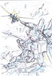  battle colored_pencil_(medium) commentary_request debris earth fighting gun highres holding holding_sword holding_weapon kumichou_(ef65-1118-ef81-95) mecha monochrome original sketch space sword thrusters traditional_media weapon 