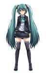  1girl alternate_eye_color bangs black_cardigan black_footwear black_skirt blue_hair blue_neckwear blue_ribbon boots cardigan closed_mouth collared_shirt eyebrows_visible_through_hair floating_hair full_body hair_between_eyes hair_ornament hatsune_miku heterochromia highres hooded_cardigan long_hair long_sleeves looking_at_viewer miniskirt neck_ribbon open_cardigan open_clothes pleated_skirt project_diva_(series) red_eyes ribbon shiny shiny_footwear shiny_hair shirt silent_voice_(module) simple_background skirt solo standing striped striped_shirt thigh-highs thigh_boots tsukishiro_saika twintails vertical-striped_shirt vertical_stripes very_long_hair vocaloid white_background white_shirt wing_collar yellow_eyes zettai_ryouiki 