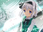  1girl baasaku_(balasaku24) black_bow black_neckwear blue_eyes bow bowtie canal commentary_request day eyebrows_visible_through_hair green_skirt green_vest hair_ribbon konpaku_youmu konpaku_youmu_(ghost) light_blush long_sleeves looking_at_viewer outdoors partial_commentary petals reflection ribbon shirt short_hair silver_hair skirt skirt_set smile solo touhou vest walkway water white_shirt wind 