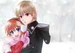  1boy 1girl :d absurdres black_coat black_hairband blonde_hair blue_eyes blurry blurry_background blush coat couple earmuffs from_side gintama hairband highres hood hood_down hooded_coat hug hug_from_behind kagura_(gintama) kuroneko_w1nter long_sleeves looking_at_viewer okita_sougo open_mouth orange_hair outdoors pink_scarf red_coat red_eyes scarf shiny shiny_hair short_hair smile snowing upper_body 