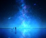  1boy blue_theme chair folding_chair galaxy horizon lake milky_way mks night night_sky original outdoors reflection reflective_floor scenery sky solo standing standing_on_liquid star_(sky) starry_sky telescope 