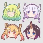  4girls :&lt; :t =_= artsy-rc black_outline blonde_hair blue_eyes blush_stickers bright_pupils chibi closed_eyes closed_mouth dragon_horns elma_(maidragon) eyebrows_visible_through_hair gradient_hair green_hair green_outline grey_hair highres horn horns jitome kanna_kamui kobayashi-san_chi_no_maidragon maid_headdress multicolored_hair multiple_girls orange_outline outline purple_hair purple_outline quetzalcoatl_(maidragon) red_eyes redhead signature slit_pupils smile tooru_(maidragon) twintails 