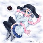  blue_eyes boots coat hat horiguchi_hiroshi looking_up lowres mittens original plant scarf silver_hair skirt snow striped striped_scarf thigh-highs thighhighs zettai_ryouiki 