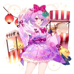  1girl bow character_mask commentary_request flat_chest food_stand hair_bow japanese_clothes kimono kimono_dress lantern mask mayachi_(amuriya) melo_(uchihime) paper_lantern piyokichi_(uchihime) purple_hair purple_kimono red_bow red_eyes short_hair short_twintails twintails uchi_no_hime-sama_ga_ichiban_kawaii yatai 