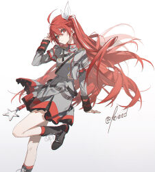 1girl ahoge alternate_hairstyle bare_legs belt belt_buckle black_boots black_footwear black_shoes boots floating_hair grey_shirt grey_skirt hair_between_eyes hair_bow hair_ornament hand_up highres kasane_teto kasane_teto_(sv) kieed leg_up long_hair long_sleeves looking_at_viewer red_hair red_socks side_ponytail star_(symbol) white_background