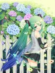  1girl flower green_eyes green_hair hatsune_miku hydrangea hydrangeas long_hair skirt thigh-highs thighhighs tsukina_(artist) twintails vocaloid zettai_ryouiki 