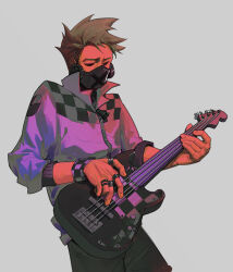  1boy absurdres alternate_costume bass_guitar brown_hair eddsworld grey_background highres holding holding_bass_guitar holding_instrument hollow_eyes instrument jacket jewelry lin_hei_tao male_focus mask multiple_rings music playing_bass_guitar playing_instrument respirator ring short_hair simple_background solo spiky_hair tom_(eddsworld) wristband zipper 
