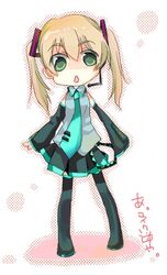  bad_id blonde_hair boots chibi cosplay detached_sleeves green_eyes hatsune_miku hatsune_miku_(cosplay) kuta kuta_(maka) long_hair lowres maka_albarn maka_arubaan microphone necktie skirt solo soul_eater thigh-highs thigh_boots thighhighs twintails vocaloid 