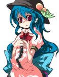  blue_hair cusui food fruit hat hinanawi_tenshi long_hair open_mouth parody peach peaches red_eyes ribbon ribbons solo style_parody touhou 