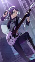  1girl 5-string_bass_guitar absurdres bang_dream! bang_dream!_it's_mygo!!!!! bass_guitar black_boots black_gloves black_hair black_pants boots brooch character_doll chinese_commentary commentary_request doll extended_range_bass_guitar fingerless_gloves gloves grey_jacket highres instrument jacket jewelry joker_(jjjokerrr233) long_sleeves medium_hair music pants playing_bass_guitar playing_instrument shiina_taki yahata_umiri 