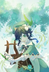  1boy :d beamed_eighth_notes black_bow black_bowtie black_hair blue_hair bow bowtie braid chinese_commentary cloak commentary_request flower genshin_impact green_cloak green_eyes green_hat hair_flower hair_ornament harp hat hat_ornament highres holding holding_flower holding_instrument instrument leaf_hat_ornament long_sleeves looking_at_viewer male_focus multicolored_hair music musical_note open_mouth short_hair side_braids smile solo streaked_hair teeth treble_clef twin_braids upper_teeth_only venti_(genshin_impact) white_flower yao_0_yao_xian_shen 