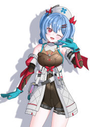  1girl ;d absurdres bare_shoulders blue_gloves blue_hair blush braid breasts colphne_(girls'_frontline_2) colphne_(silent_heart)_(girls'_frontline_2) commentary_request covered_navel detached_sleeves gamel_120 girls'_frontline_2:_exilium girls_frontline gloves hair_between_eyes hair_ornament hairclip hand_up happy hat highres jacket looking_at_viewer medium_hair nurse_cap one_eye_closed pointing pointing_at_self red_eyes skin_tight small_breasts smile solo thighs twin_braids twintails white_jacket 