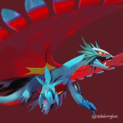  animal_focus ashionglee claws colored_sclera commentary dragon english_commentary fangs instagram_username no_humans open_mouth pokemon pokemon_(creature) pokemon_focus red_background red_eyes roaring_moon sharp_teeth simple_background solo teeth v-shaped_eyes yellow_sclera 