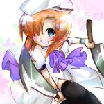  billhook blue_eyes brown_hair higurashi_no_naku_koro_ni knife lowres ryuuguu_rena short_hair smile sword thigh-highs thighhighs weapon wink 