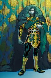  1boy armor artist_collaboration clenched_hands cloak comic_cover commentary curtains doctor_doom english_commentary fantastic_four formal_clothes full_body fur_cloak green_cloak green_leggings green_sash green_theme green_tunic highres leggings looking_at_viewer male_focus marvel mask matt_wilson multicolored_tunic muscular muscular_male official_alternate_costume official_art russell_dauterman sash solo tunic yellow_tunic 