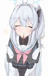  1girl blue_archive blue_halo closed_eyes commentary_request food food_in_mouth hair_intakes halo highres long_hair matchadzuke miyako_(blue_archive) neckerchief one_side_up partial_commentary pink_neckerchief pocky pocky_in_mouth sailor_collar solo very_long_hair white_background white_hair white_sailor_collar 