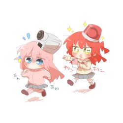  2girls :d blush bocchi_the_rock! brown_shirt brown_shoes camcorder chibi chibi_only commentary_request cube_hair_ornament fleeing full_body gotoh_hitori grey_skirt hair_ornament holding holding_phone jacket kita_ikuyo long_hair long_sleeves multiple_girls no_mouth one_side_up open_mouth pants pants_under_skirt phone pink_hair pink_jacket pink_pants pleated_skirt rebecca_(keinelove) red_hair running school_uniform shirt shoes shuka_high_school_uniform simple_background skirt smile socks sparkle track_jacket video_camera white_background white_socks 