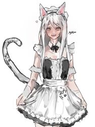  1girl anger_vein animal_ears apron armlet black_dress blush bow bowtie cat_ears cat_girl cat_tail collar cowboy_shot dress enmaided grey_eyes hair_over_shoulder highres jewelry kyta_5 layered_dress long_hair looking_at_viewer maid maid_apron maid_headdress nephis_(shadow_slave) shadow_slave spiked_armlet tail white_apron white_hair wrist_cuffs 