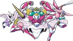  3girls armor arms_up blue_eyes boobplate commentary_request double_blade drill_hand full_body getter_kongo getter_rekka getter_robo getter_robo_daikessen! getter_shiten hand_up highres holding holding_sword holding_weapon looking_at_viewer mecha mecha_focus minemitsu multicolored_armor multiple_girls pink_armor purple_armor robot robot_girl super_robot sword weapon white_armor yellow_armor 