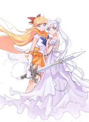  2girls aino_minako bishoujo_senshi_sailor_moon bishoujo_senshi_sailor_moon_(first_season) blonde_hair blue_bow blue_bowtie bow bowtie choker commentary dated_commentary double_bun dress elbow_gloves gloves hair_bow hair_bun highres holding holding_sword holding_weapon long_hair looking_at_viewer magical_girl multiple_girls namisonpictures orange_choker orange_sailor_collar orange_skirt queen_serenity red_bow sailor_collar sailor_senshi sailor_senshi_uniform sailor_venus simple_background skirt standing sword tsukino_usagi weapon white_background white_dress white_gloves white_hair 