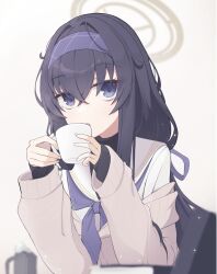  1girl black_hair blue_archive blurry brown_halo brown_sweater commentary_request cup depth_of_field hairband halo highres holding holding_cup looking_at_viewer matchadzuke mug necktie purple_hairband purple_necktie sailor_collar shirt solo sweater ui_(blue_archive) violet_eyes white_sailor_collar white_shirt 