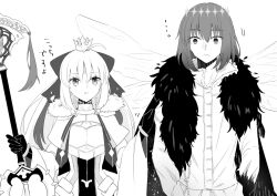  1boy 1girl ahoge armor armored_dress artoria_caster_(fate) artoria_caster_(third_ascension)_(fate) artoria_pendragon_(fate) blaulilie110 bow cape capelet commentary_request crown dragonfly_wings dress fate/grand_order fate_(series) frown fur-trimmed_cape fur_trim greyscale hair_bow holding holding_staff long_hair medium_hair mini_crown monochrome oberon_(fate) oberon_(third_ascension)_(fate) staff wide_sleeves 