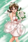  akizuki_ritsuko antenna_hair bouquet bouquets braid bride brown_eyes brown_hair dress elbow_gloves flower glasses gloves hida_tatsuo idolmaster twin_braids wedding_dress 