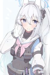  1girl animal_ear_hairband animal_ears black_bow blue_archive blue_halo blush bow commentary_request fake_animal_ears hair_between_eyes hair_bow hair_intakes hairband halo highres long_hair long_sleeves matchadzuke miyako_(blue_archive) neckerchief one_side_up partial_commentary pink_neckerchief puffy_long_sleeves puffy_sleeves rabbit_ear_hairband rabbit_ears sailor_collar solo very_long_hair violet_eyes white_hair white_sailor_collar 