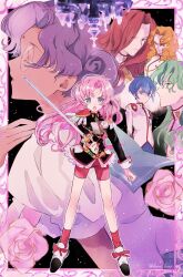  2boys 4girls arisugawa_juri bindi blue_eyes blue_hair chandelier closed_eyes dark-skinned_female dark_skin drill_hair epaulettes flower full_body green_hair hano_luno highres himemiya_anthy holding holding_sword holding_weapon jacket kaoru_miki kiryuu_touga long_hair multiple_boys multiple_girls pink_flower pink_hair pink_rose puffy_short_sleeves puffy_sleeves purple_hair red_hair red_shorts red_socks rose saionji_kyouichi school_uniform short_hair short_sleeves shorts shoujo_kakumei_utena socks sword tenjou_utena twitter_username weapon 