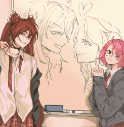  2girls :p ahoge alternate_costume black_choker board_eraser choker closed_mouth commentary cowboy_shot diagonal-striped_clothes diagonal-striped_necktie drawing_(object) dress_shirt english_commentary grey_jacket heart highres indoors jacket jacket_partially_removed jinx_(league_of_legends) kid_sppinarl league_of_legends looking_at_viewer loose_necktie lux_(league_of_legends) marker multiple_girls necktie official_alternate_hair_color orange_necktie orange_skirt own_hands_clasped own_hands_together pink_hair pleated_skirt red_eyes red_hair school_uniform shirt skirt standing star_guardian_(league_of_legends) star_guardian_jinx star_guardian_lux striped_clothes tongue tongue_out twintails violet_eyes white_shirt whiteboard wing_collar yuri 