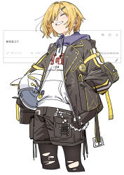  1boy absurdres black_jacket black_leggings black_shorts blonde_hair closed_eyes grin hair_between_eyes hand_in_pocket haruyuki_(gffewuoutgblubh) helmet highres holding holding_unworn_helmet hood hood_down hoodie jacket leggings long_sleeves male_focus nijisanji open_clothes open_jacket shorts simple_background smile solo torn_clothes torn_leggings unworn_headwear unworn_helmet uzuki_kou uzuki_kou_(5th_costume) virtual_youtuber white_background 