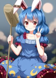  1girl animal_ears blue_dress blue_hair blurry blurry_background blush closed_mouth collarbone commentary_request completion_time cowboy_shot dress earclip frilled_dress frilled_sleeves frills full_moon hand_up highres holding holding_mallet kine long_hair looking_at_viewer mallet moon rabbit_ears rabbit_girl red_eyes ruu_(tksymkw) seiran_(touhou) short_sleeves smile solo touhou v 