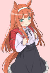 1girl aged_down animal_ears backpack bag blunt_bangs blush center_frills commentary_request cowboy_shot frilled_skirt frills green_eyes hairband high-waist_skirt highres horse_ears horse_girl horse_tail long_hair looking_at_viewer miyabi1221 neck_ribbon orange_hair randoseru red_bag ribbon sidelocks silence_suzuka_(umamusume) skirt smile solo tail umamusume very_long_hair 