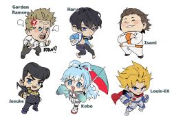 1girl artofmiin free! gordon_ramsay higashikata_jousuke isami_aldini jojo_no_kimyou_na_bouken kobo_kanaeru long_hair multiple_boys real_life shokugeki_no_souma short_hair