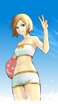  bandeau_bikini bare_shoulders beachball bikini blonde_hair blue_eyes k+ navel original short_hair sky solo swimsuit tankini tubetop v 