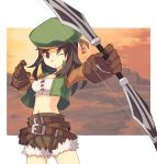  brown_hair fantasy_earth_zero gloves hat midriff navel scout_(fez) shorts tanaka_(cow) weapon wink 