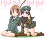  bag beret boots brown_hair camouflage field_radio field_telephone hat military military_uniform purple_hair uniform 