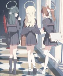  3girls animal_ears black_wings blonde_hair blue_archive brown_hair feathered_wings green_hair gun halo looking_at_viewer low_wings mikan_battery multiple_girls pleated_skirt ponytail rifle school_uniform serafuku skirt weapon wings 