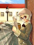  glasses k+ newspaper red_eyes sweater 