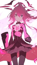  1girl absurdres black_pantyhose black_skirt blue_archive blue_eyes commentary_request gun hair_between_eyes halo highres hoshino_(blue_archive) looking_at_viewer matchadzuke orange_eyes pantyhose partial_commentary pink_hair pink_halo pleated_skirt rectangular_halo shirt short_hair skirt solo weapon 