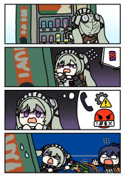 >_< belle_(zenless_zone_zero) circular_saw corin_wickes long_hair multiple_girls seseren short_hair vending_machine zenless_zone_zero